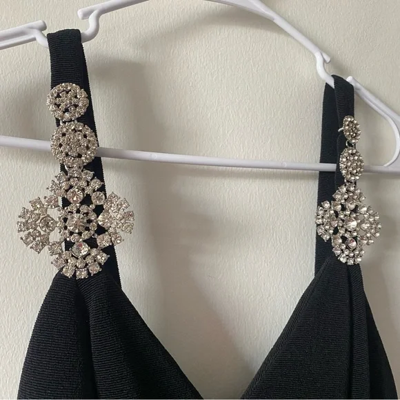 Vintage 90s Lillie Rubin Black Crystal Detailed Strap Feather Slit Evening Gown - Picture 10 of 17